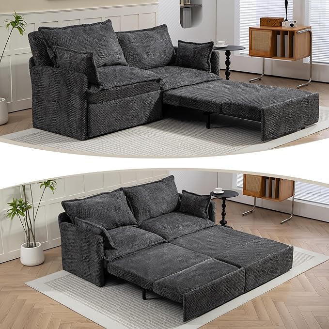Furnimart 73.6" King Size Pull Out Sofa Bed, 3 in 1 Convertible Sleeper Bed with USB/C-Type Charging Ports & Side Pockets, Modern Futon Couch for Living Room, Apartment, Bedroom, Corduroy Dark Grey