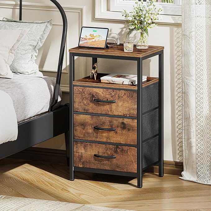 Huuger Nightstand with Charging Station, 27.6 Inch Bedside Table with Fabric Drawers, End Table with USB Ports and Outlets, Night Stand for Bedroom, Rustic Brown