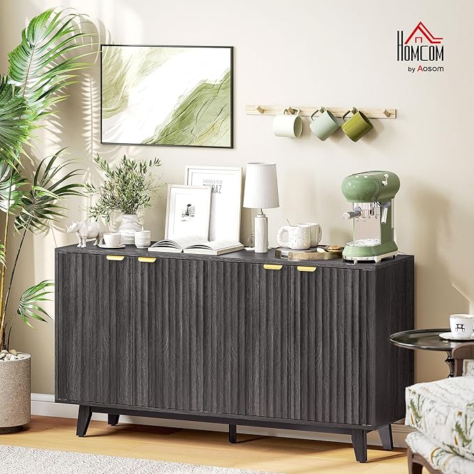 HOMCOM Fluted Sideboard Buffet Cabinet, 55" Modern Accent Console Cabinet with 4 Doors, 2 Adjustable Shelves and 5 Wood Legs, Distressed Gray