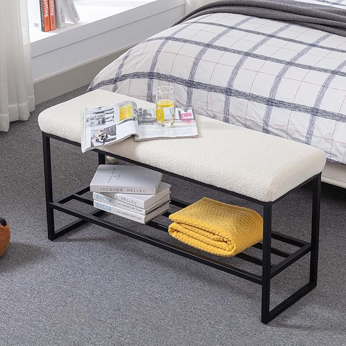 Zesthouse Boucle Shoe Bench Entryway with Storage, Upholstered Bench for Bedroom End of Bed, Metal Shoe Rack for Closet Hallway Doorway Living Room Mudroom, White