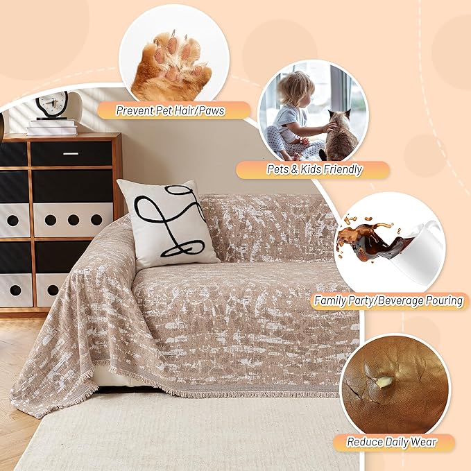 MYSKY HOME Couch Covers for 3 Cushion Couch Sofa, Chenille L Shape Sectional Couch Cover - Pet-Friendly, Machine Washable, Non-Slip Sofa Protector for Dogs, Kids, 71"x118", Khaki Blur Mottling