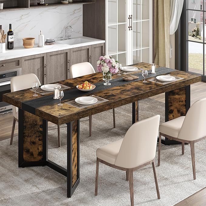 Industrial Dining Table for 6-8 People, 71" Large Long Wooden Kitchen Table with Sturdy Metal Frame & Brown Finish, Rustic Style Rectangular Dinner Table for Dining Room, Kitchen (Vintage Brown)