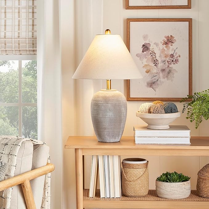 Nourison Home 23" Rustic Brown (Gray Undertones) Ceramic Pot Table Lamp for Bedroom, Living Room, Dining, Home Office, Entryway