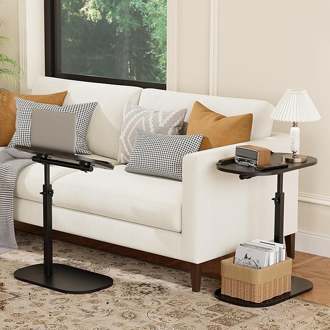 C Shaped End Side Table with Anti-Drop Rod, Adjustable Height & 360° Swivel Snack Table for Couch, Sofa, Bedroom, Living Room, TV Tray Table for Eating, Dinner or Laptop, Small Spaces, Black