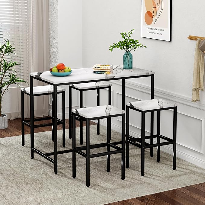 Aklaus 5 Piece Bar Table Set Kitchen Dining Table Set for 4 Modern Counter Height Bar Table with Bar Stools Set of 4 Faux Marble Top Pub Table and Stools for Dining Room Breakfast Nook Home Bar