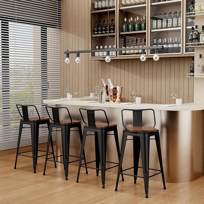 24 Inch Swivel Bar Stools Set of 2 with Backs Counter Height Industrial Metal Barstools Island Bar Chairs for Home Kitchen Dining Room (Swivel 24 inch,Matte Black Wooden)