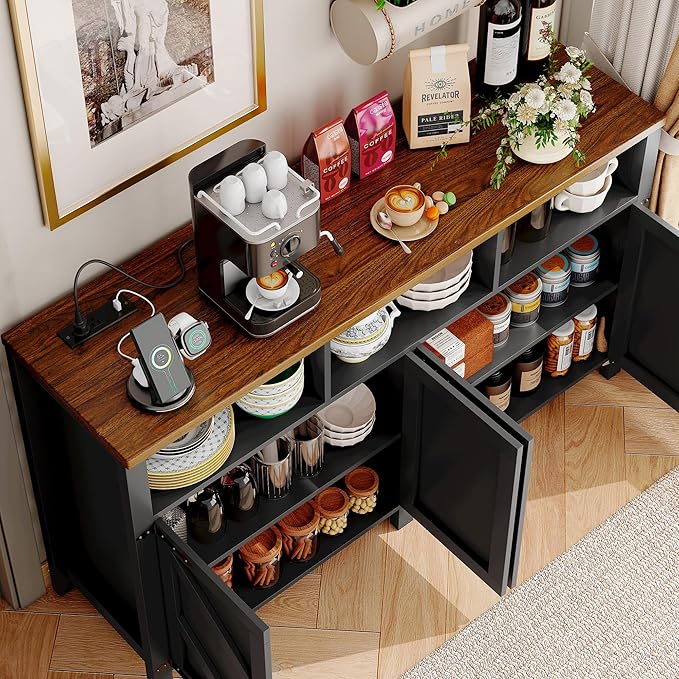 Buffet Sideboard with Storage with Power Outlets & LED Light 4 Doors, 55'' Large Farmhouse Kitchen Storage Cabinet Wood Coffee Bar Cabinet Buffet Table for Kitchen, Dining Room, Entryway