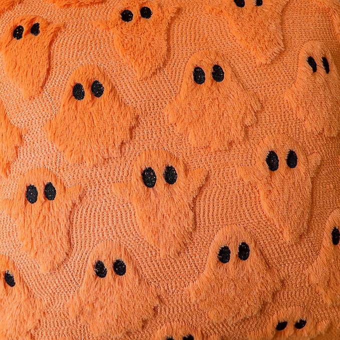 4TH Emotion Halloween Ghost Decorative Pillow Covers 18x18 Set of 2, Orange Soft Plush Faux Fur Farmhouse Throw Cushion Cases for Fall Autumn Holiday Home Decorations
