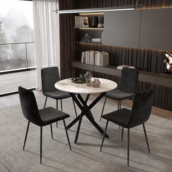 Marble Round Dining Table for 2-4 with Metal Legs, 31.5 Inch Sintered Stone Modern Small Kitchen Table for Dining Room Kitchen Apt (White)