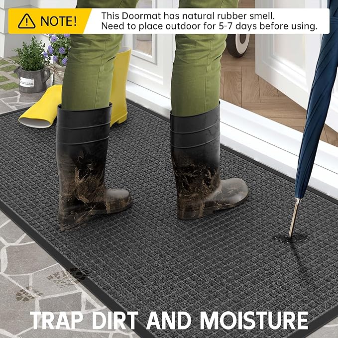 Sturdy Front Door Mat Outside Entrance, 6' x 2' All-Season All-Weather Doormat Waterproof, Stain and Fade Resistant, Natural Rubber Indoor Outdoor Welcome Door Mat Trap Dirt
