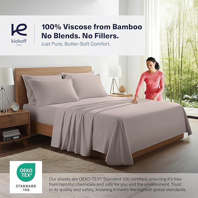 Kickoff Viscose Bamboo Sheets Twin XL Size 3-pc 100% Organic Bamboo Viscose Bed Cooling Sheets Twin XL Size Set Cool Bedding for hot Sleepers Sheet, Flat, Fitted, Pillowcase (Grey Mist, TXL)