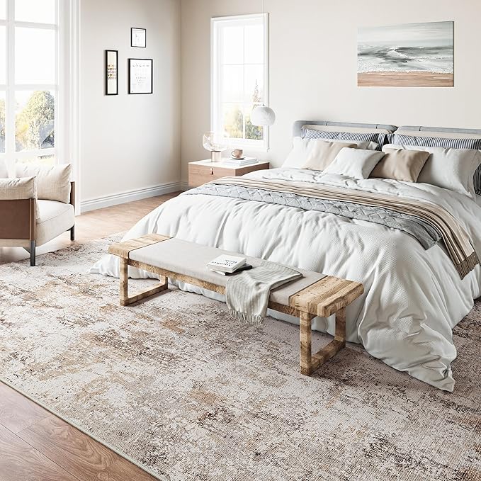 8x10 Washable Area Rug Brown Grey Neutral Abstract Living Room Bedroom Large Throw Rug Non Slip Soft Low Pile Indoor Floor Carpet for Dining Room Kitchen Office Entryway
