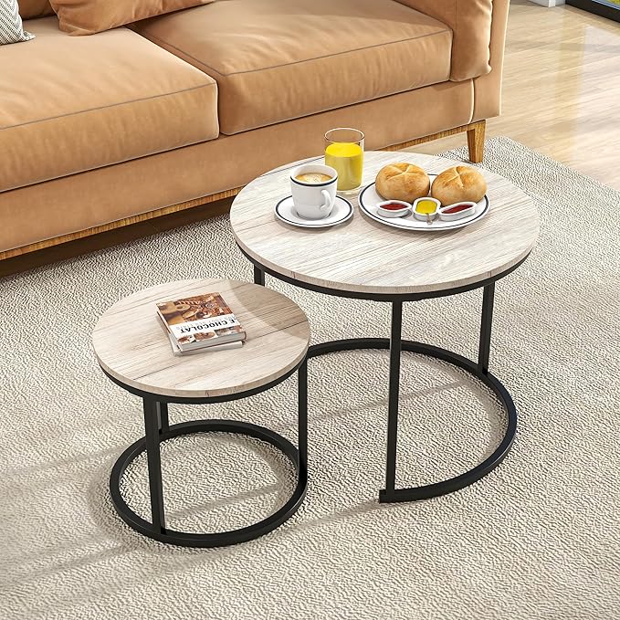 Round Coffee Table Set of 2 for Living Room,Black Small Coffee Table Living Room Table,Nesting Tables Metal Frame/Wood,Sturdy and Easy Assembly,Stacking Side Tables Bedroom,White Oak