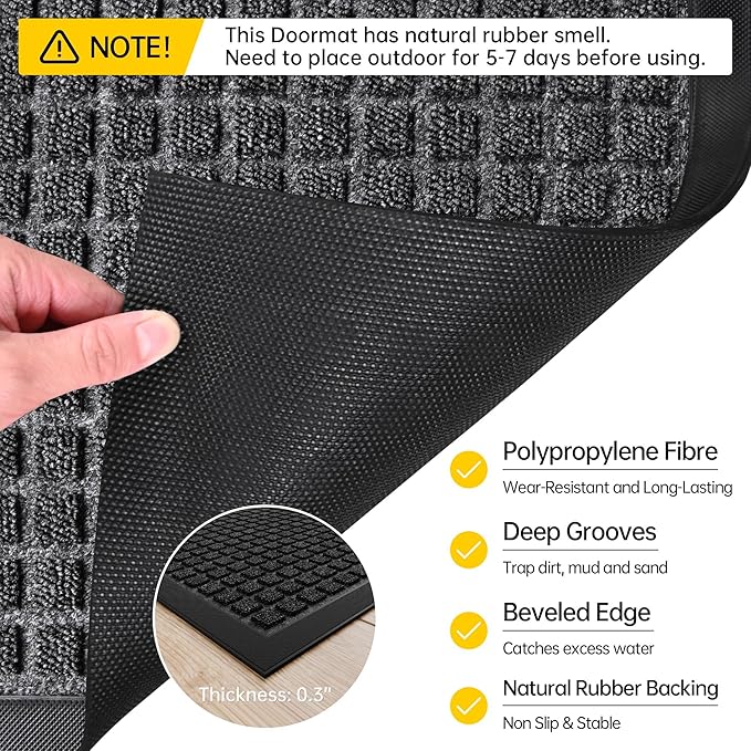 Sturdy Front Door Mat Outside Entrance, 6' x 2' All-Season All-Weather Doormat Waterproof, Stain and Fade Resistant, Natural Rubber Indoor Outdoor Welcome Door Mat Trap Dirt