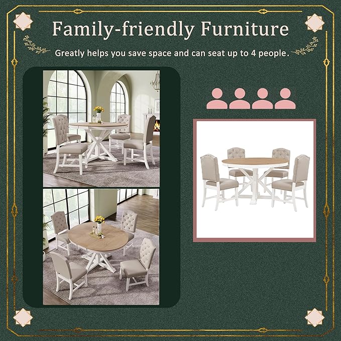 SogesPower 5-Piece Round Farmhouse Retro Dining Table Set for 4, Space-Saving Kitchen Table Set with Extendable Table and 4 Upholstered Chairs for Dining Room Living Room,Oak Natural Wood