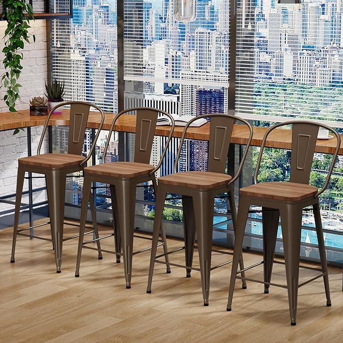 Changjie Furniture 30 Inches Metal Barstools Set of 4 Counter Height Bar Stools Industrial Stools with Backs High Back Chairs for Kitchen Island (30 Inch, Rusty)