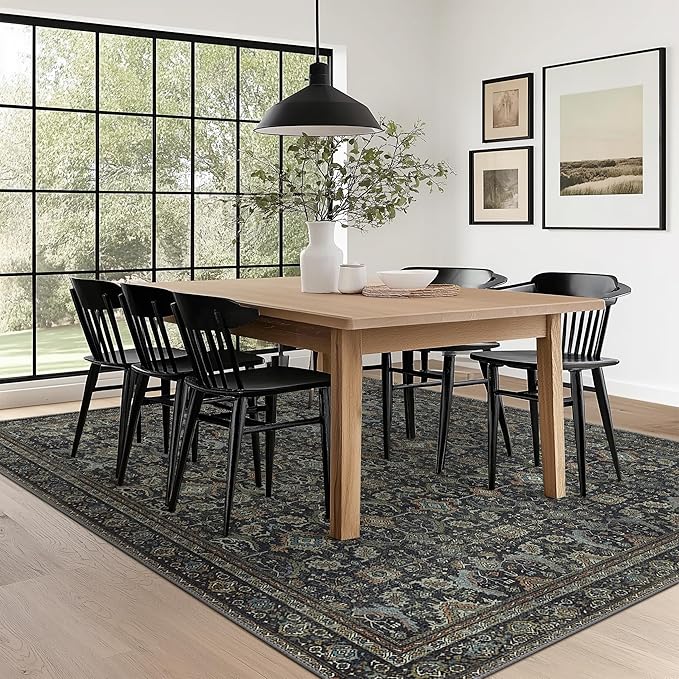 9X12 Area Rugs Machine Washable Rugs for Living Room, Vintage Boho Large Rugs for Bedroom Dining Room, Non Slip Indoor Soft Distressed Lightweight Thin Low Pile Carpet, Black