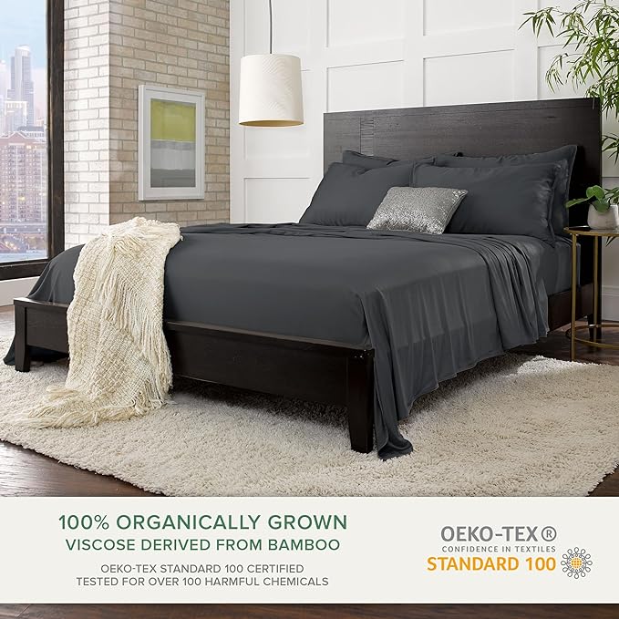 Queen Sheets by Pure Bamboo, Genuine 100% Organic Viscose Derived from Bamboo Bed Sheet Set, Luxuriously Soft & Cooling, Double Stitching, Lifetime Quality Promise (Queen, Charcoal)