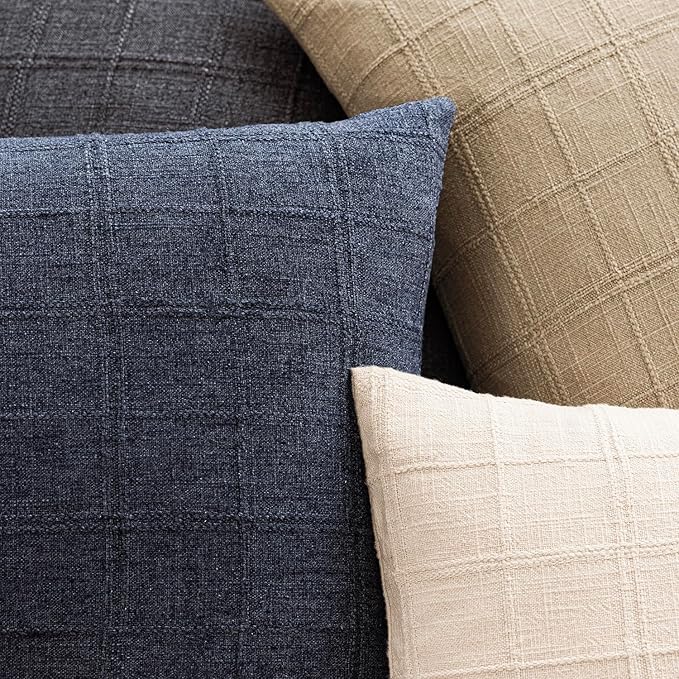 Foindtower Set of 2 Decorative Linen Check Throw Pillow Covers Neutral Farmhouse Vintage Cushion Covers Modern Boho Home Decor for Sofa Chair Couch Bedroom Living Room Outdoor,26×26 Inch,Navy Blue