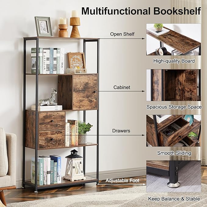 VECELO 5-Tier Bookshelf,Bookcase with 2 Storage Drawers and 1 Cabinet, Wood Shelves with Metal Frame,Open Book Shelves Standing Shelf Unit for Living Room, Bedroom,Office,Kichen