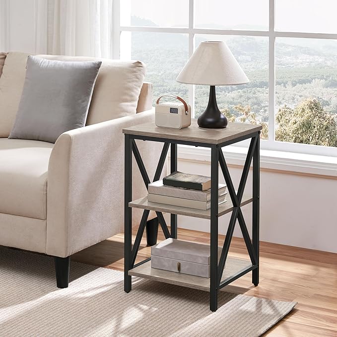 Yaheetech End Table Living Room, 3-Tier Side Table with Storage Shelves for Home Office, Industrial X Design Sofa Tables with Strong Metal Frame, Easy Assembly, Gray