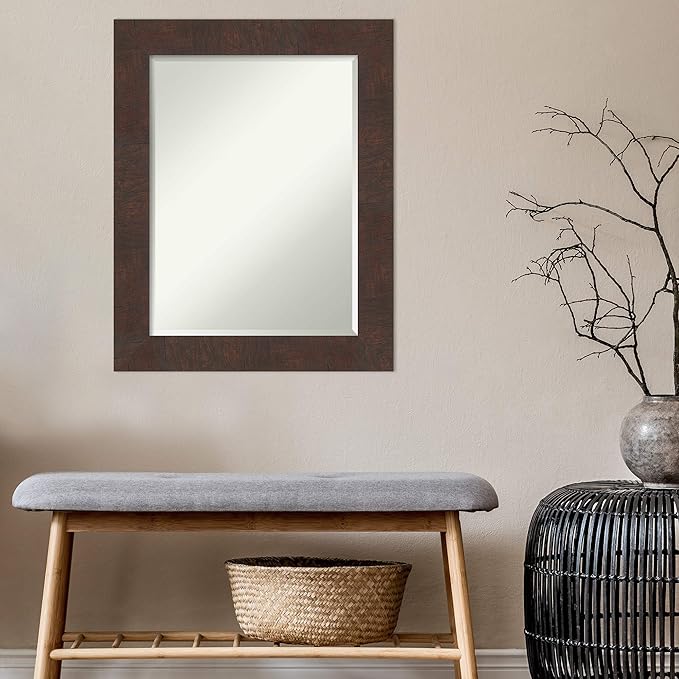 Amanti Art Brown Bathroom Mirror for Over Sink, 29x23 Wildwood Brown Rectangle Vanity Mirror, Medium Rustic Farmhouse Frame, Hangs Horizonally and Vertically, Bathroom Wall Decor, Beveled Edge