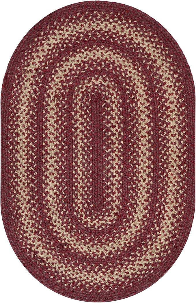 Autumn Maple Burgundy and Tan Oval Braided Rug, Jute, 27"x45" - Rustic Primitive Decor for Entryway, Kitchen, Everywhere