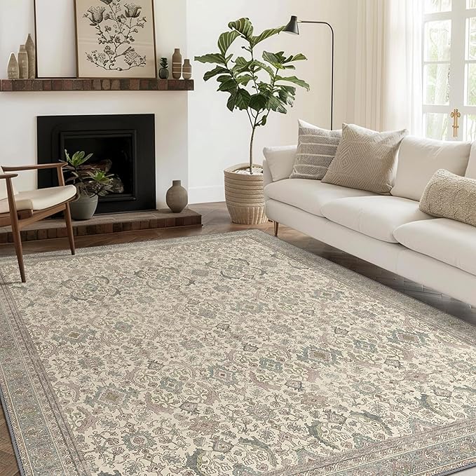 8X10 Area Rugs Machine Washable Rugs for Living Room, Vintage Boho Large Rugs for Bedroom Dining Room, Non Slip Indoor Soft Distressed Lightweight Thin Low Pile Carpet, Cream