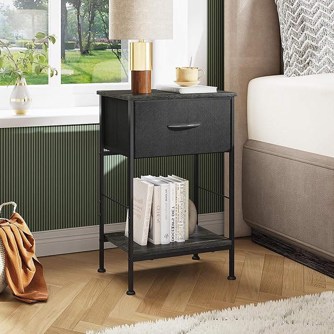 WLIVE Black Nightstand, Bedside Table with Fabric Storage Drawer, Open Wood Shelf, Night Stand for Bedroom Furniture, End Table for Dorm, Entryway, 25.03" Height