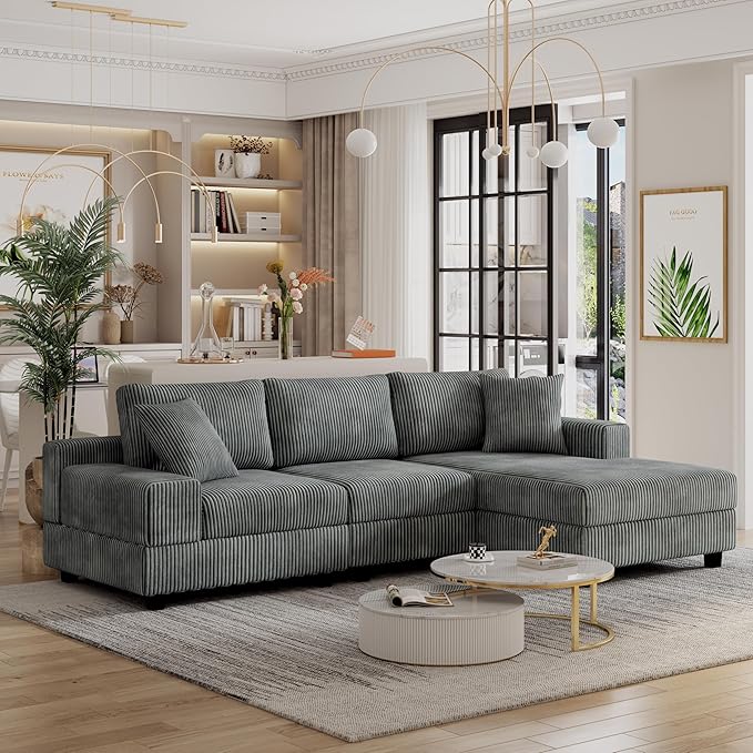 Eafurn Convertible L Shaped Modular Sectional Sofa Couch, 5 Seater Corduroy Upholstered Corner Sofa Lounge Couch with Extra Wide Reversible Chaise Lounge and Headrest for Living Room