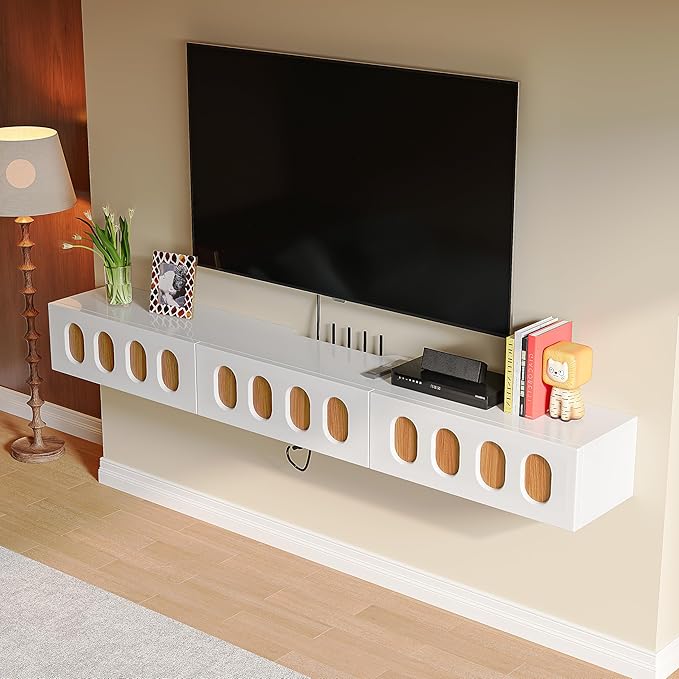 Floaticase Fully Assembled Floating TV Stand, 47IN High Gloss Wall Mounted Entertainment Center with Flip-Down Doors & Drawers, TV Console Under TV Shelf for Bedroom Livingroom
