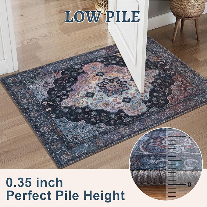 Tangsoo 2x6 Washable Runner Rug for Hallways, Non Slip Vintage Runner, Soft Low Pile Long Rug Runner, Print Distressed Navy/Mlulti Carpet Runners for Kitchen Bedroom Entryway Bathroom Living Room