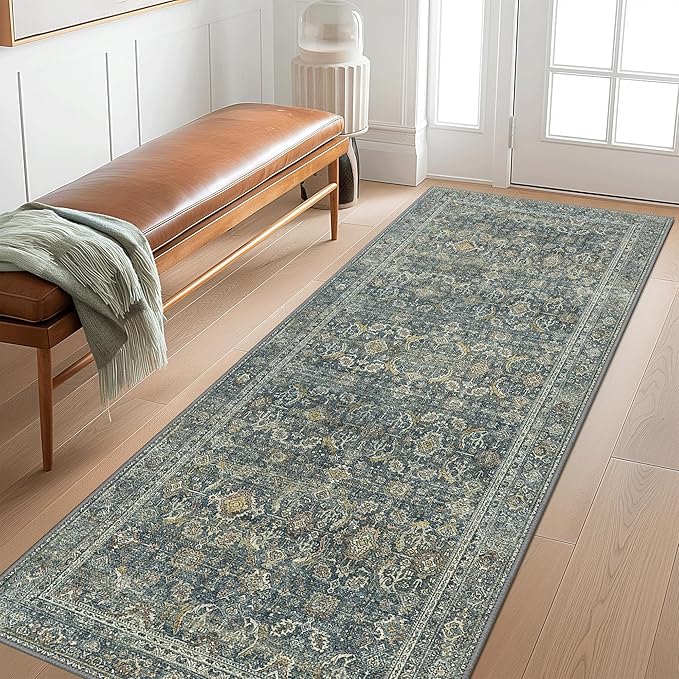 2X10 Area Rugs Machine Washable Rugs for Living Room, Vintage Boho Large Rugs for Bedroom Dining Room, Non Slip Indoor Soft Distressed Lightweight Thin Low Pile Carpet, Deep