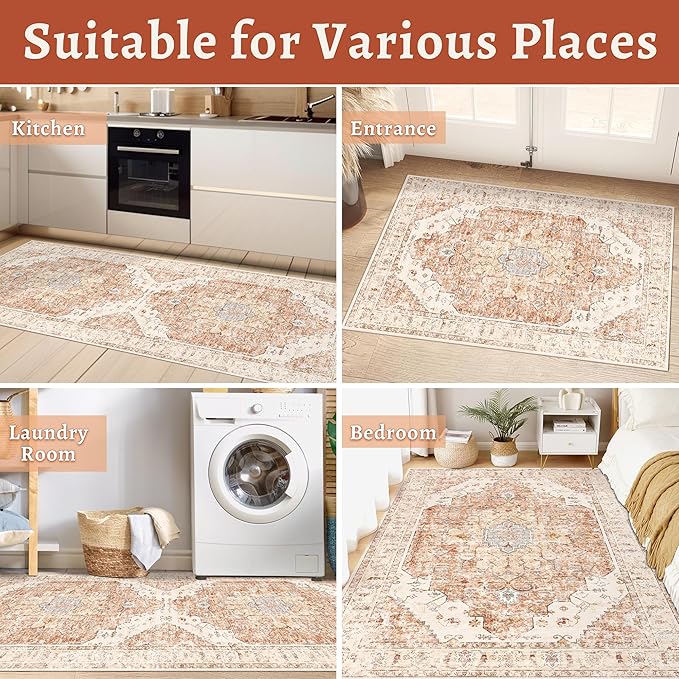 Tangsoo Area Rug 3x5 Bedroom Rug, Washable Vintage Indoor, Non Slip Accent, Print Distressed Brick Red Carpet, Soft Low Pile Rug for Living Room Dorm Bedroom Bedside Entryway Bathroom