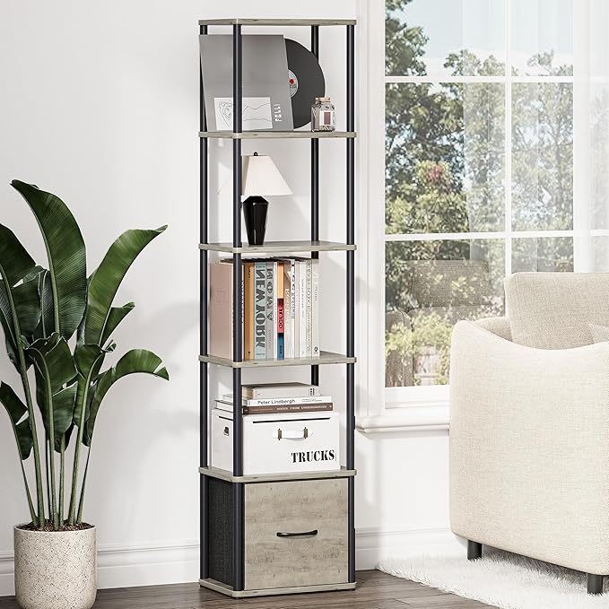 6-Tier Bookshelf with Drawer, Narrow Bookshelves Organizer, Floor Standing Ladder Shelf,Tall Bookcase for Small Space, Book shelf with Storage for Living Room, Bedroom, Office, Study Light Oak HBC505Z