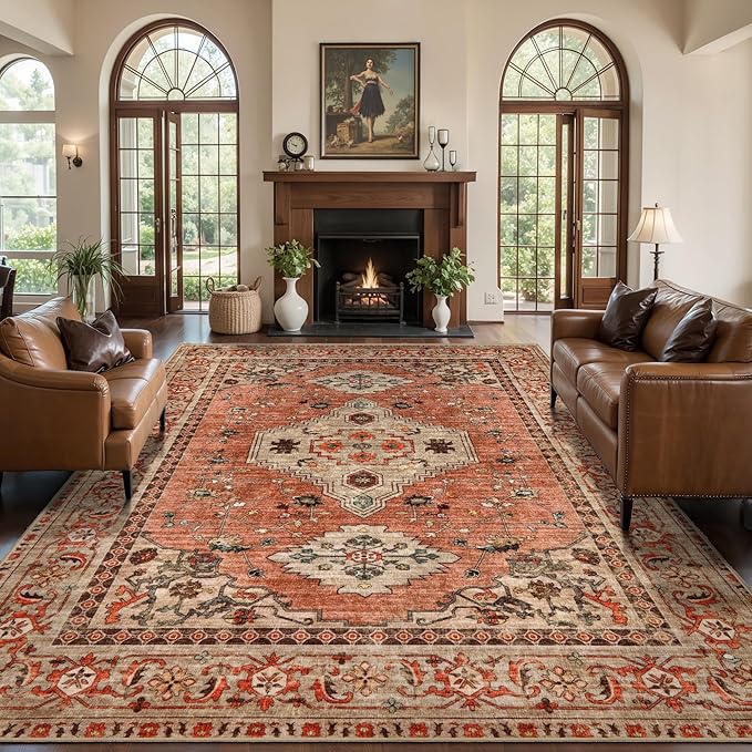 Tangsoo 5x7 Area Rug Washable for Living Room, Vintage Rug Indoor Non Slip Large Area Rugs, Print Distressed Terracotta Carpet, Soft Low Pile Rug Foldable Floor Rugs for Bedroom Dining Room Dorm