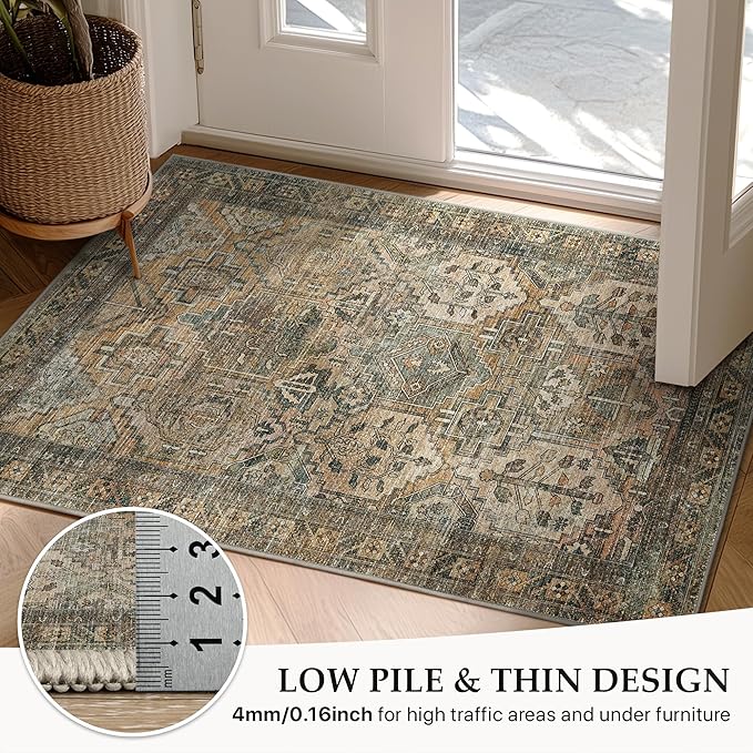 GENIMO 4x6 Area Rugs for Living Room, Machine Washable Non Slip Vintage Rugs, Low Pile Lightweight Chenille Print Rug for Bedroom, Dining Room, Home Office, Warm Taupe