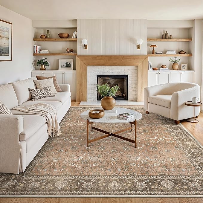 8X10 Area Rugs Machine Washable Rugs for Living Room, Vintage Boho Large Rugs for Bedroom Dining Room, Non Slip Indoor Soft Distressed Lightweight Thin Low Pile Carpet, Chestnut