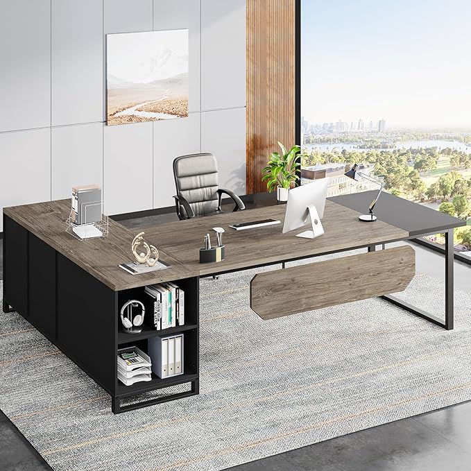 Tribesigns 70.8" Executive Desk with 55" File Cabinet, Industrial L Shaped Computer Desk with Storage Shelves and Cabinet, Large L Shaped Executive Desk for Home Office, Retro Gray & Black