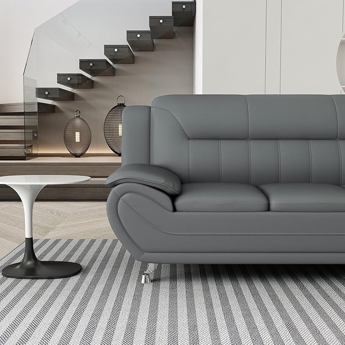 Container Furniture Direct Michael Modern Faux Leather Upholstered Stainless Steel Legs Living Room Sofa, Gray