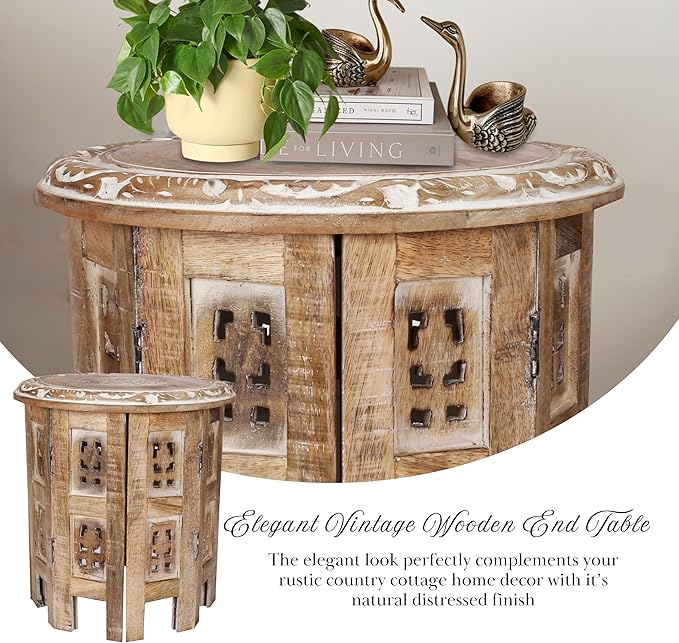 Versatile Octagonal Wooden Table – 12" Round Top, 12" Height – Rustic White-Wash Coffee Table, Side Table, or End Table for Living Room, Bedroom, or Kids’ Room