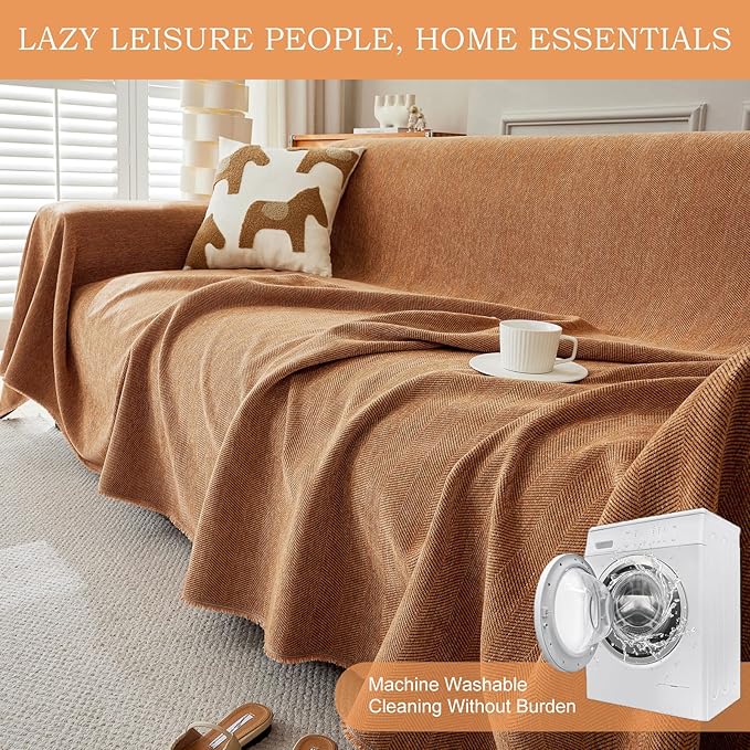STACYPIK Burnt Orange Chenille Couch Cover, Modern Tangerine Sofa Covers for 3 Cushion Couch, Lovetseat Cover for Sectional, Non Slip L Shaped Covers Pets-Scratch Sofa Slipcover with Tassels-91X150IN