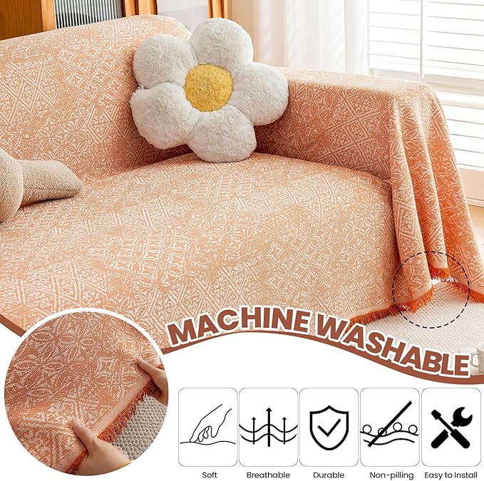 STACYPIK Boho Large Sofa Cover for Pets, Orange Geometric Couch Cover for 2 Cushion Sofa, Washable Dogs Protector for Living Room Anti-Slip Sectional Covers for Loveseat Tassel Throw Blanket-71X118IN