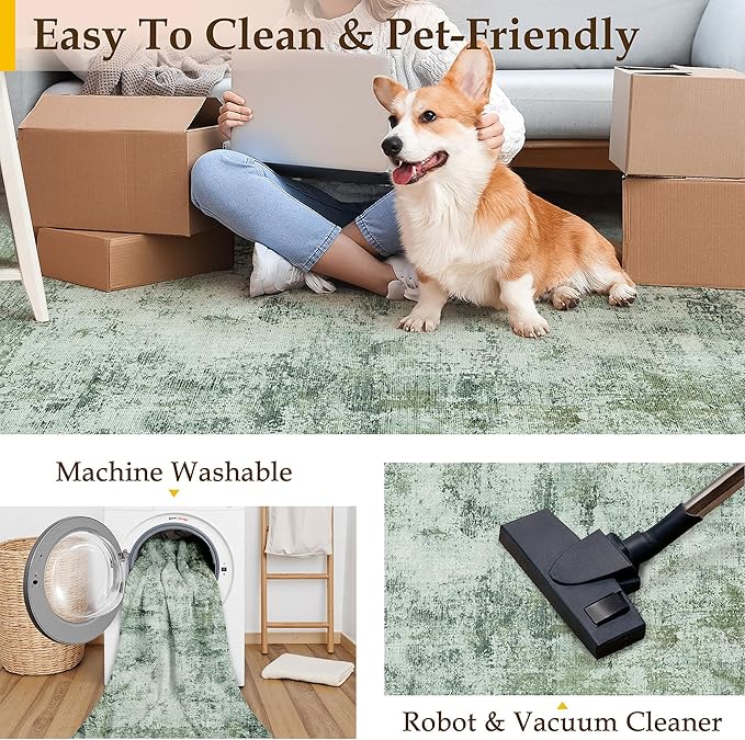 6x9 Washable Area Rug Dark Green Modern Neutral Abstract Living Room Bedroom Indoor Floor Carpet Low Pile Soft Non-Slip Lightweight Vacuumable Throw Rug for Nursery Dining Room Office