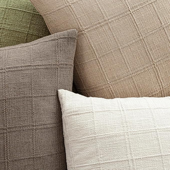 Foindtower Set of 2 Decorative Linen Check Throw Pillow Covers Neutral Farmhouse Vintage Cushion Covers Modern Coastal Boho Home Decor For Sofa Chair Couch Bedroom Living Room Outdoor,26×26 Inch,Camel
