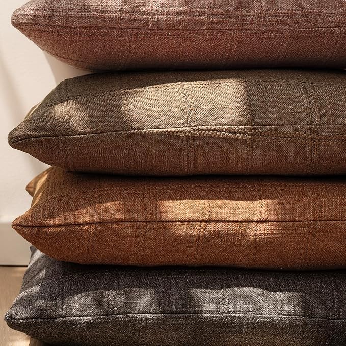 Foindtower Set of 2 Decorative Linen Check Throw Pillow Covers Neutral Farmhouse Vintage Cushion Covers Modern Boho Home Decor for Sofa Chair Couch Bedroom Living Room Outdoor,18×18 Inch,Orange