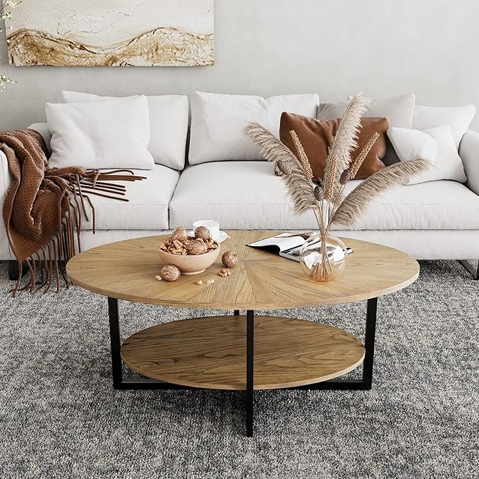 Solid Wood Oval Coffee Table with Cross Metal Legs, 43.3in Modern Industrail Center Table with Open Shelf Cocktail Tea Table for Living Room Bedroom, Rustic Nature 1811