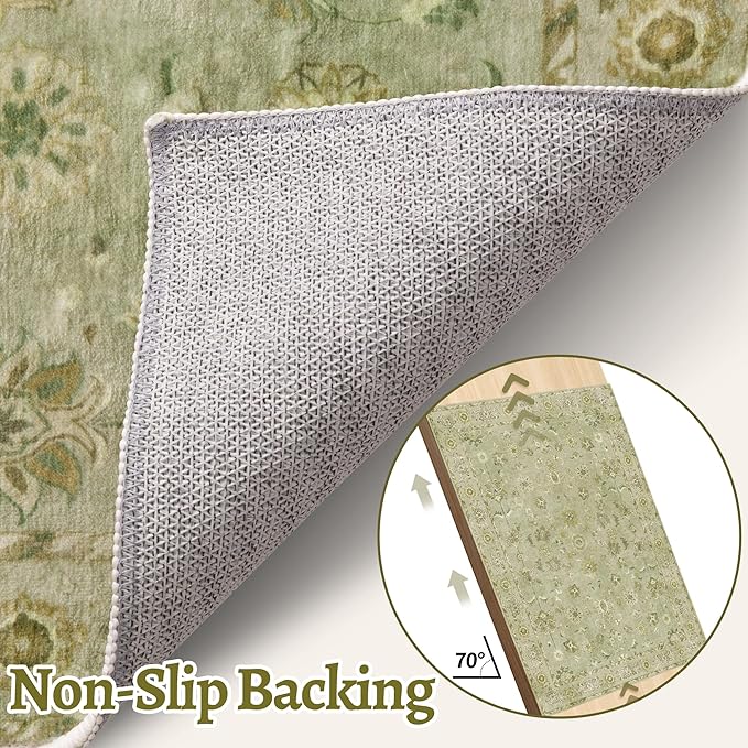 Tangsoo 5x7 Area Rug Washable Rugs for Living Room, Floral Vintage Indoor Non Slip Large Area Rugs, Print Distressed Green Carpet, Soft Low Pile Foldable Floor Rug for Bedroom Dining Room Dorm
