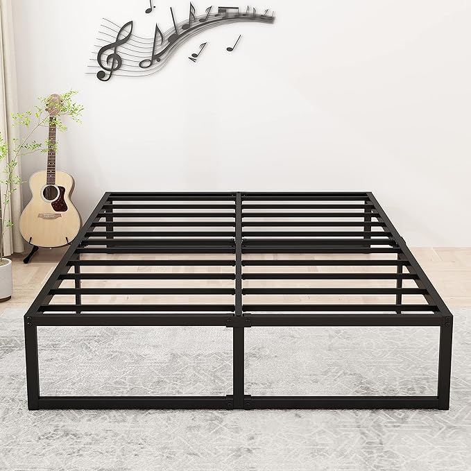 14 Inch Queen Bed Frame Heavy Duty Steel Slat Support Metal Platform Bed Frame Queen Size No Box Spring Needed, Easy Assembly, Black
