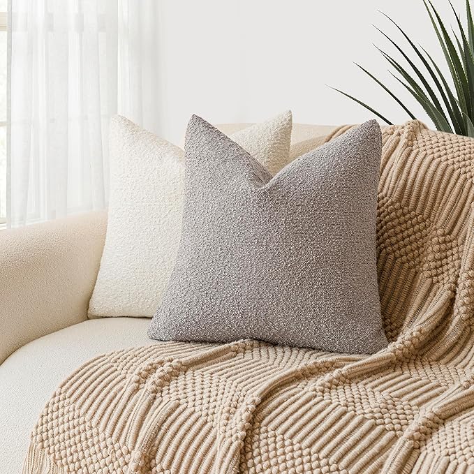 Foindtower Pack of 2 Textured Boucle Throw Pillow Covers Accent Solid Decorative Pillow Cases Cozy Woven Couch Cushion Case for Sofa Bedroom Living Room Home Decor, 18 x 18 Inch,Neutral Grey
